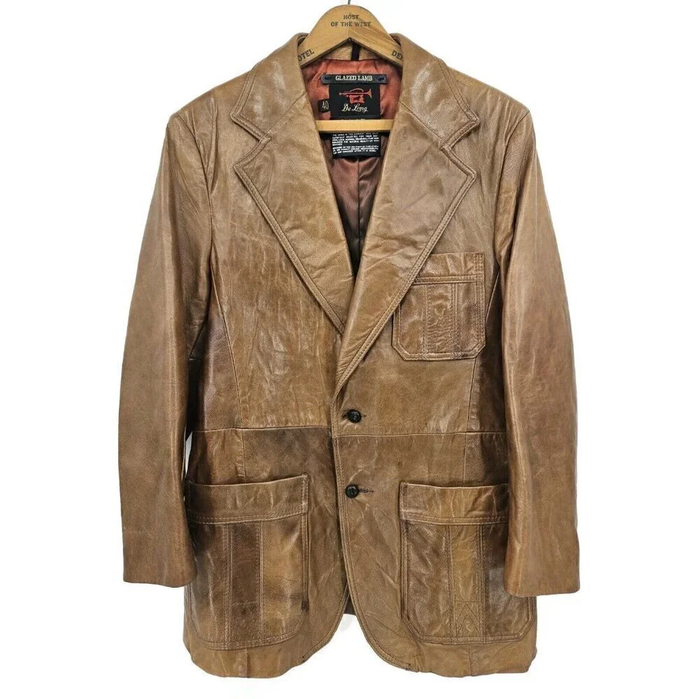 Vintage De Long Glazed Lamb Jacket Mens 40 Brown Lambskin Blazer
